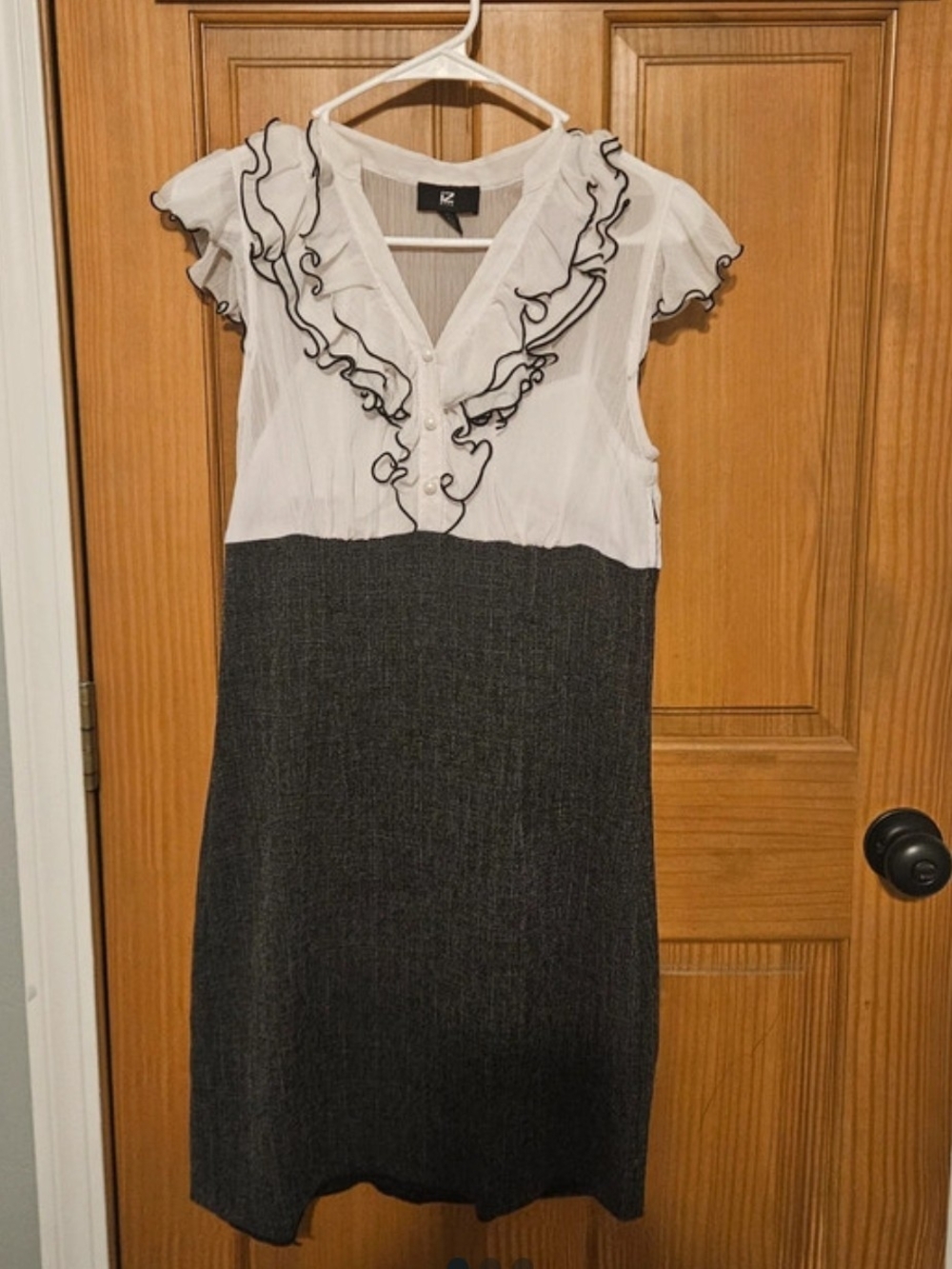 Iz Byer White Ruffled Bodice & Charcoal Sheath Dress